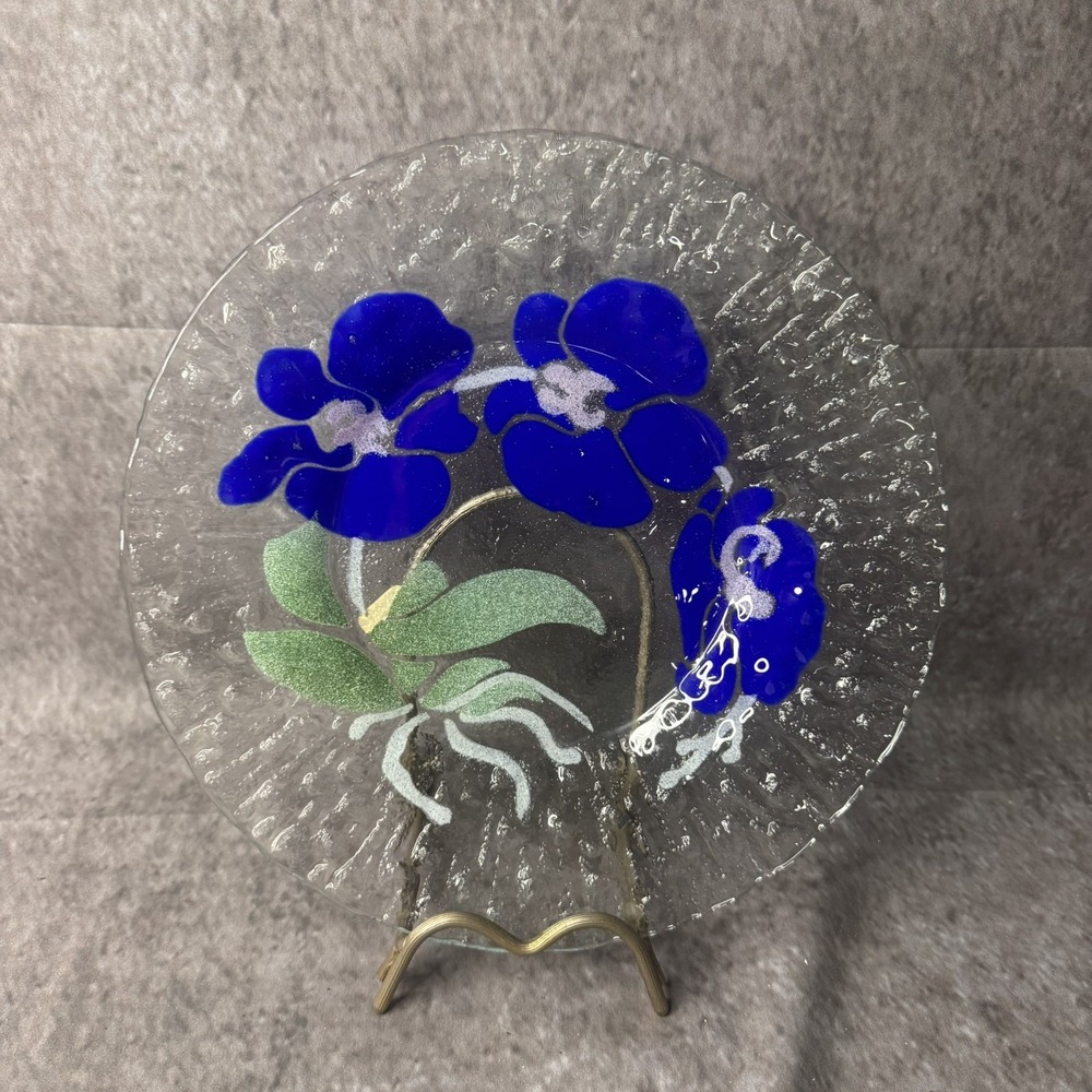 Sydenstricker Art Fused Glass Round Clear Plate Blue Orchids